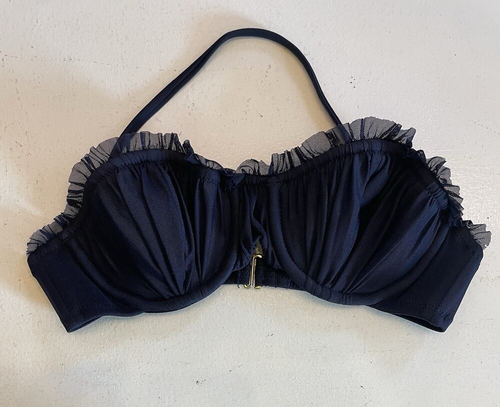 Navy Blue Mesh Ruffle Bikini Top Bandeau Removable Halter Strap Size XXS / XS